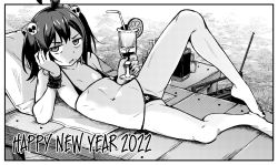 1girl ahoge barefoot beach_towel bikini champagne_flute cup drinking_glass drinking_straw flat_chest food fruit geewhy greyscale hair_ornament happy_new_year highres holding holding_removed_eyewear loli looking_at_viewer lying medium_hair micro_bikini mole mole_under_mouth monochrome nail_polish new_year on_back orange_(fruit) orange_slice original parted_lips reclining skinny skull_hair_ornament solo spread_legs swimsuit towel twintails unworn_eyewear