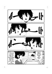 2girls 4koma absurdres anger_vein blush braid comic electric_fan english_text genderswap genderswap_(mtf) highres monochrome multiple_girls omiiverse ranma-chan ranma_1/2 saotome_ranma single_braid speech_bubble tendou_akane