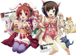 Rule 34 | 10s, 2girls, abe nana, absurdres, animal, animal ears, bare shoulders, black legwear, blush, bob cut, breasts, brown hair, rabbit ears, carrot, carrot necklace, cat, cat ears, cat tail, cleavage, dress, fang, food, green eyes, hair ornament, headphones, highres, hiiro yuki, idolmaster, idolmaster cinderella girls, japanese clothes, jewelry, kimono, long hair, maekawa miku, medium breasts, multiple girls, necklace, obi, open mouth, paw pose, ponytail, red eyes, red hair, robot, sash, short hair, short kimono, sitting, skirt, smile, tail, thighhighs, third-party edit, vegetable