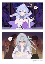 ! !! 1boy 4girls aqua_eyes artist_name black_hairband black_jacket black_pants black_ribbon blonde_hair blue_choker blue_hair blush border breasts brown_hair brown_shirt brown_skirt choker closed_mouth collarbone commentary detached_sleeves dress empty_eyes english_commentary faceless faceless_male feathered_wings firefly_(honkai:_star_rail) firefly_(spring_missive)_(honkai:_star_rail) floating_hair gloves gradient_background grey_hair hair_between_eyes hair_ornament hair_ribbon hairband halo hands_on_own_face hands_up head_wings heart highres holding holding_pen honkai:_star_rail honkai_(series) jacket jewel_under_eye leaf_hair_ornament long_hair long_sleeves looking_at_another medium_breasts multiple_girls official_alternate_costume open_clothes open_jacket open_mouth pants pen pink_background poster_(object) puffy_long_sleeves puffy_sleeves purple_background purple_dress purple_eyes purple_jacket purple_sleeves ribbon robin_(honkai:_star_rail) sailor_collar school_uniform serafuku shadow shirt short_hair short_sleeves skirt sleeveless sleeveless_dress smile speech_bubble spoken_exclamation_mark spoken_heart strapless strapless_dress suspenders taykrome two-tone_dress white_border white_dress white_gloves white_serafuku white_shirt wings yuri