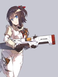 1girl :| android arm_guards black_gloves blue_eyes bodysuit brown_hair choker closed_mouth commentary english_commentary expressionless fallout fallout_4 fangdan_runiu gloves grey_background gun hair_ribbon head_tilt holding holding_gun holding_weapon mechanical_arms mechanical_legs one_side_up red_ribbon ribbon shoes short_hair shoulder_pads simple_background single_mechanical_arm single_mechanical_leg solo synth_strider thigh_gap weapon white_shoes