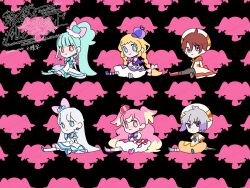 Rule 34 | 2boys, 4girls, ahoge, animal background, animal ears, aqua brooch, aqua hair, aqua hat, aqua shoes, aqua theme, back bow, baggy pants, belt, belt buckle, beret, black background, black belt, blonde hair, blue bow, blue bowtie, blue crown, blue eyes, blue neckerchief, blue shoes, blunt bangs, boots, bow, bow earrings, bow legwear, bowtie, braid, bright pupils, brooch, brown eyes, brown hair, buckle, capelet, chibi, closed mouth, colored tips, crown, crown earrings, cure friendy, cure lillian, cure nyammy, cure wonderful, deerstalker, dress, dress bow, earrings, elbow gloves, expressionless, extra ears, eyelashes, flat chest, flat color, footwear bow, frilled headwear, frilled sleeves, frilled thigh strap, frills, gloves, grey boots, grey hair, grey pants, hair between eyes, hair bow, hair spread out, happy, hat, hat bow, hat ornament, heart, heart brooch, heart hat ornament, high side ponytail, highres, inukai iroha, inukai komugi, jewelry, knee boots, large bow, long hair, long sleeves, lop rabbit ears, low twin braids, magical boy, magical girl, mary janes, medium dress, messy hair, mini crown, mini hat, mini top hat, multicolored hair, multiple boys, multiple girls, neckerchief, nekoyashiki mayu, nekoyashiki yuki, orange bow, orange pants, orange sailor collar, pants, parody, parody request, pink bow, pink bowtie, pink brooch, pink crown, pink dress, pink hair, pink shoes, pink thighhighs, pocket, precure, puffy short sleeves, puffy sleeves, purple bow, purple bowtie, purple brooch, purple capelet, purple dress, purple eyes, purple hat, purple shoes, purple thighhighs, rabbit ears, red boots, robe, sailor collar, serizawa serizane, shoes, short dress, short sleeves, single stripe, sitting, smile, smooooch, straight hair, streaked hair, striped bow, striped bowtie, striped clothes, striped thighhighs, thigh strap, thighhighs, top hat, toyama daifuku, toyama satoru, twin braids, two-tone hair, two-tone thighhighs, two side up, very long hair, white bow, white dress, white gloves, white hat, white pupils, white robe, white sleeves, white thighhighs, wonderful precure!, yellow sailor collar