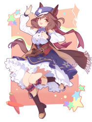 1girl absurdres animal_ears belt_pouch boots breasts brown_eyes brown_hair ccc-ccc-ccc-ccc clothing_cutout commentary_request hair_between_eyes hair_ornament hairclip hat highres horse_ears horse_girl horse_tail looking_at_viewer matikane_tannhauser_(umamusume) medium_breasts pouch shoulder_cutout simple_background solo standing standing_on_one_leg tail thighs umamusume white_background