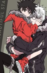 2boys aged_down animal_hood black_hair black_jacket black_pants blue_eyes carrying carrying_person fur-trimmed_jacket fur_trim fushiguro_megumi glasses gojou_satoru hair_between_eyes highres hood hood_down hooded_jacket jacket jujutsu_kaisen kadoi_aya long_sleeves looking_at_viewer male_focus multiple_boys pants red_footwear red_jacket shirt shoes short_hair simple_background sneakers spiked_hair white_hair