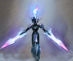 arm_blade armor blue_fire byte_(grunty-hag1) ceruledge cowboy_shot eye_trail fire light_trail nintendo pokemon purple_armor purple_eyes purple_fire solo sword weapon