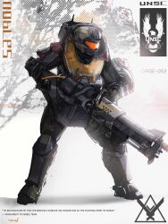 1boy absurdres armor artist_name assault_visor backpack bag character_name chinese_commentary commentary english_text full_armor full_body gun halo:_reach halo_(series) heavy_machine_gun helmet highres holding holding_gun holding_weapon jorge-052 m247h_heavy_machine_gun machine_gun orange_visor power_armor science_fiction shoulder_armor solo standing unsc_(emblem) user_yzmu4227 weapon