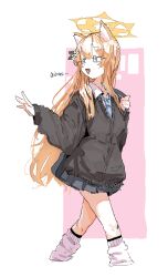 1girl alternate_costume animal_ears bag black_skirt blue_archive blue_eyes blue_necktie cropped_legs fangs flower fox_ears fox_girl grey_skirt hair_flower hair_ornament halo holding_strap leebo_(leeboxxx) leg_warmers long_hair long_sleeves looking_back mari_(blue_archive) miniskirt necktie open_mouth orange_hair pink_background school_bag school_uniform shoulder_bag simple_background skirt smile solo two-tone_background walking waving white_background