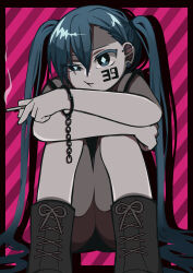 1girl 39 absurdres black_border black_shoes blue_eyes blue_hair border chain cigarette colored_eyelashes commentary_request diamond-shaped_pupils diamond_(shape) hatsune_miku highres holding holding_cigarette long_hair looking_at_viewer medibang_paint_(medium) neko_7567 shoes sitting smoke solo symbol-shaped_pupils twintails very_long_hair vocaloid
