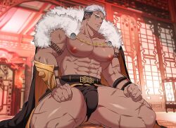 1boy abs ass bara bare_pectorals bare_shoulders belt biceps black_hair blue_eyes breasts bulge cape chest_hair closed_mouth collarbone dark-skinned_male dark_skin dduck_you earrings erection erection_under_clothes feet_out_of_frame fur_trim grey_hair indoors jacket jewelry large_pectorals male_focus male_pubic_hair male_underwear mature_male multicolored_hair muscular muscular_male navel necklace nipples obliques open_clothes original pectorals penis pubic_hair revealing_clothes scar scar_on_chest scar_on_face short_hair shorts sideburns sitting solo solo_focus spread_legs stomach sweat thick_eyebrows thick_thighs thighs toned toned_male topless_male undercut underwear underwear_only white_hair