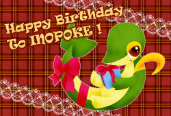 bow commentary_request creatures_(company) full_body game_freak gen_5_pokemon gift happy_birthday holding holding_gift kakuto looking_at_viewer nintendo no_humans nostrils plaid_background pokemon pokemon_(creature) red_background red_bow red_ribbon ribbon snivy solo