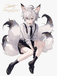 1boy animal_ears black_gloves black_shorts black_socks fingerless_gloves fox_ears fox_tail gloves highres kitsune loafers multiple_tails namiki_itsuki necktie original shirt shoes short_hair shorts signature sitting socks solo suspenders tail watermark white_background white_hair white_shirt