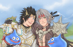 Rule 34 | 2boys, arm around shoulder, armor, armored gloves, black gloves, black hair, black jacket, closed mouth, crylin6, final fantasy, final fantasy vii, final fantasy vii ever crisis, gloves, gold trim, grey hair, hair between eyes, headband, jacket, male focus, multiple boys, official alternate costume, open mouth, parted bangs, pointy ears, red headband, scroll, sephiroth, sephiroth (banesword style), sephiroth (ever crisis), short hair, shoulder armor, shoulder spikes, skull ornament, slime (dragon quest), smile, spikes, upper body, v, winged hair ornament, zack fair, zack fair (zenithian armour)
