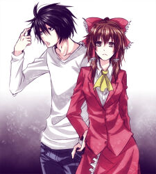 adapted_costume alternate_costume ascot bow brown_hair business_suit chess_piece collared_shirt crew_neck death_note denim formal_clothes frilled_bow frilled_hair_tubes frills gradient_background hair_between_eyes hair_bow hair_tubes hakurei_reimu hand_in_pocket hand_on_own_hip holding holding_chess_piece jeans l_(death_note) looking_at_viewer pants red_bow ryoko_(game_x_over) shirt short_hair skirt skirt_suit suit touhou yellow_ascot yukkuri_youmu_to_hontou_wa_kowai_cthulhu_shinwa