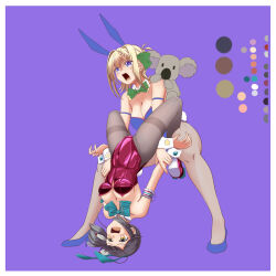 2girls ahoge animal_ears bare_shoulders black_hair black_pantyhose blonde_hair blue_bow blue_bowtie blue_leotard blush border bow bowtie breasts cleavage collarbone covered_navel detached_collar fake_animal_ears fujinami_(kancolle) grey_pantyhose hair_over_eyes hair_ribbon kantai_collection koala leotard long_hair medium_breasts moke_ro multiple_girls open_mouth pain pantyhose perth_(kancolle) pink_leotard playboy_bunny purple_background purple_hair rabbit_ears rabbit_tail ribbon side_ponytail small_breasts strapless strapless_leotard tail traditional_bowtie unfinished upside-down white_border white_ribbon wrestling wrestling_outfit