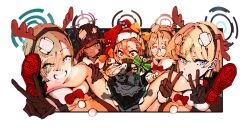 1boy 5girls :i akane_(blue_archive) apron asuna_(blue_archive) bandaid bandaid_on_head black_gloves black_hair blonde_hair blue_archive blue_eyes blush bow christmas closed_mouth commentary_request crossed_bandaids dark-skinned_female dark_skin doodle_sensei_(blue_archive) double_v fake_antlers glasses gloves green_bow grin hair_between_eyes halo hat highres karin_(blue_archive) kkangmuu korean_commentary light_brown_hair long_hair looking_at_viewer multiple_girls neru_(blue_archive) red_bow red_eyes santa_hat sensei_(blue_archive) shadow shoes skirt smile spread_legs toki_(blue_archive) v waist_apron
