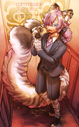 1boy adjusting_sleeves animal_ears animal_feet animal_hands black_suit blue_eyes cat_boy cat_ears cat_tail claws colored_eyelashes commentary_request commission digitigrade ear_piercing formal_clothes full_body grey_vest hair_over_one_eye hands_up highres hogara indoors large_tail long_hair looking_at_viewer low_ponytail male_focus monster_boy nekomata original piercing ponytail purple_hair shorts skeb_commission slit_pupils solo forked_tail suit tail vest