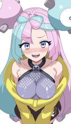 blush bow-shaped_hair breasts character_hair_ornament doubletwin hair_ornament hexagon_print highres iono_(pokemon) jacket large_breasts multicolored_hair nintendo open_mouth pokemon pokemon_sv sharp_teeth solo split-color_hair teeth two-tone_hair very_long_sleeves x yellow_jacket