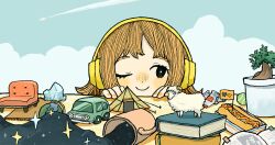 1girl ball blonde_hair bonsai book car cloud coach commentary_request cup globe hot_dog ice looking_at_animal minimized motor_vehicle official_art one_eye_closed onobane orange_nails original procreate_(medium) sheep smile straight-on tennis_ball tent yellow_headphones