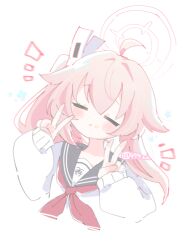 1girl :t ahoge anzen_robo_(474zz) artist_name blue_archive blush_stickers closed_eyes double_v food food_on_face halo natsu_(blue_archive) neckerchief pink_hair red_neckerchief shirt simple_background v white_background white_shirt