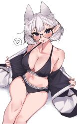 1girl animal_ears auraaa breasts fox_ears fox_girl glasses heart highres jacket large_breasts lorel_(auraaa) open_clothes open_jacket original pointy_ears solo spoken_heart tongue tongue_out underwear