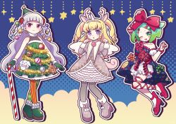 Rule 34 | 3girls, alternate costume, animal costume, animal ears, antlers, arm up, bare shoulders, blonde hair, blue dress, blunt bangs, blush, boots, bow, braid, braided hair rings, brown dress, candy, candy cane, christmas, christmas ornaments, christmas tree costume, collared dress, deer ears, dress, fake antlers, food, full body, green dress, green eyes, green footwear, green hair, green headwear, grey pantyhose, hair bow, hair rings, hand up, hands up, high heels, highres, holding, holding candy, holding candy cane, holding food, horns, idol time pripara, koda michiru, koyoshi yoko, long hair, long sleeves, looking at viewer, miichiru (pripara), multiple girls, nijiiro nino, one eye closed, open mouth, outline, pantyhose, paw pose, pointy hat, pretty series, pripara, purple eyes, red bow, red eyes, red footwear, reindeer antlers, reindeer costume, ringlets, short hair, sleeveless, sleeveless dress, smile, standing, two side up, very long hair, white outline, yumekawa yui