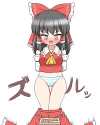 :o arms_behind_back bare_shoulders black_hair blue_panties blush bow box breasts clothes_pull commentary_request constricted_pupils detached_sleeves donation_box feet_out_of_frame frilled_bow frilled_hair_tubes frills furrowed_brow hair_tubes hakurei_reimu highres huge_bow looking_down medium_breasts medium_hair motion_lines navel no_pants nose_blush panties red_bow red_shirt red_skirt ribbon_trim rope shirt skirt skirt_pull skirt_set standing striped_clothes striped_panties surprised thigh_gap touhou translation_request underwear v-shaped_eyebrows white_panties wide-eyed yellow_eyes zenji029