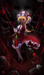 Rule 34 | 1girl, absurdres, artist name, blonde hair, blood, blood drip, blood on face, blood on hands, bow, closed mouth, crystal wings, fang, flandre scarlet, frilled hat, frilled skirt, frills, hair between eyes, hat, hat bow, heart (organ), highres, holding heart (organ), k4ja0002, lantern, long hair, looking at viewer, looking back, mob cap, one side up, pointy ears, puffy short sleeves, puffy sleeves, red bow, red eyes, red skirt, red vest, shirt, short sleeves, signature, skirt, smile, solo, touhou, variant set, vest, white hat, white shirt, wrist cuffs