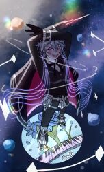 1boy arms_up bishounen black_gloves black_ribbon blue_flower blue_hair blush braid collared_jacket commentary conductor_baton english_commentary eyelashes flower frilled_sleeves frills from_above gloves hair_between_eyes highres holding_baton holostars holostars_english jacket long_sleeves looking_at_viewer male_focus multiple_braids nutella_coded octavio open_mouth piano_keys pink_eyes ribbon shirt short_hair smile solo standing teeth tri_braids virtual_youtuber