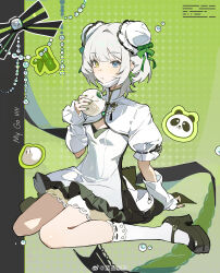 1girl absurdres bamboo bang_dream! bang_dream!_it&#039;s_mygo!!!!! steamed_bun black_footwear blue_eyes breasts bun_cover chinese_commentary commentary_request double_bun dress ear_piercing earrings eating food green_nails hair_bun heterochromia highres jewelry kaname_raana kneehighs lan_yansuanyan looking_at_viewer mask_pull matcha_(food) nail_polish panda piercing ring sitting small_breasts socks solo wariza white_arm_warmers white_dress white_hair white_socks yellow_eyes