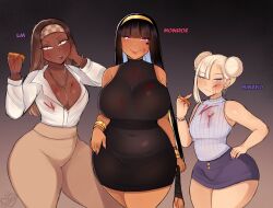 3girls absurdres black_dress black_hair blonde_hair blood blood_on_clothes blood_on_face blue_eyes blue_skirt bracelet brass_knuckles breasts brown_hair brown_pants character_name cheek_tattoo cinnabus clenched_hand collared_shirt colored_inner_hair dark-skinned_female dark_skin double_bun dress gold_bracelet gold_hairband grey_background hair_bun hairband hand_on_own_hip heart heart-shaped_pupils heart_tattoo highres huge_breasts jewelry lia_(cinnabus) long_hair looking_at_viewer minako_(cinnabus) miniskirt multicolored_hair multiple_girls narrowed_eyes necklace original pants pink_eyes purple_eyes shirt short_hair skirt sleeveless sleeveless_sweater small_breasts sona_(cinnabus) sweater symbol-shaped_pupils tattoo thick_thighs thighs weapon white_hair white_shirt white_sweater wide_hips