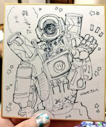 apex_legends artist&#039;s_hand_in_frame artist_name greyscale humanoid_robot ink_(medium) looking_at_viewer monochrome one-eyed pathfinder_(apex_legends) photo_(medium) robot screen shikishi solo star_(symbol) traditional_media translation_request wano_(azayakam) waving white_background