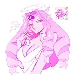 1girl angel angel_wings colored_skin cookie_run cookie_run:_kingdom demon_girl dress eternal_sugar_cookie halo highres long_hair looking_at_viewer pink_eyes pink_hair pink_skin quinalice1 reference_inset solo very_long_hair white_dress wings