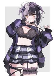 1girl absurdres ahoge black_bra black_collar black_hair black_jacket black_nails black_panties black_pantyhose black_shirt bra breasts cleavage clothes_lift collar commentary earbuds earphones earrings frilled_skirt frilled_thigh_strap frills garter_straps gluteal_fold grey_hair highres hololive hololive_english jacket jewelry koahri lace lace-trimmed_panties lace_bra lace_trim large_breasts layered_skirt long_hair looking_at_viewer nail_polish navel o-ring o-ring_thigh_strap off_shoulder official_alternate_costume official_alternate_hairstyle paid_reward_available panties pantyhose plaid_clothes plaid_skirt purple_jacket shiori_novella shirt shirt_lift simple_background single_garter_strap single_leg_pantyhose skirt smile solo spiked_collar spikes striped_clothes striped_jacket thigh_strap torn_clothes torn_pantyhose two_side_up underwear virtual_youtuber yellow_eyes
