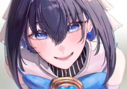 1girl absurdres black_hair blue_bow blue_eyes blue_gemstone bow bow_earrings close-up earrings erasorpepero gem highres hololive hololive_english jewelry light_blush looking_at_viewer open_mouth ouro_kronii ouro_kronii_(1st_costume) solo teeth veil virtual_youtuber