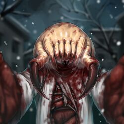 1other blood blood_on_clothes blood_on_hands blood_splatter blurry blurry_background building claws coat commentary_request fangs guro half-life_(series) headcrab highres hold111 liver lungs night organs outdoors pov ribs snowing torn_clothes upper_body white_coat winter zombie