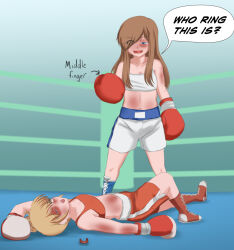 2girls azayakasket boxing boxing_gloves boxing_ring catfight defeat english_text highres k.o. multiple_girls tagme