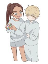 Rule 34 | 1boy, 1girl, alien stage, choker, closed mouth, colored eyelashes, commentary, cropped legs, dark-skinned female, dark skin, grey eyes, hashtag-only commentary, highres, holding, holding toy, hyuna (alien stage), long hair, long sleeves, luka (alien stage), open mouth, pants, ponytail, rubik&#039;s cube, shirt, short hair, shorts, smile, toy, very short hair, viga uzk, white choker, white pants, white shirt, white shorts, yellow eyes
