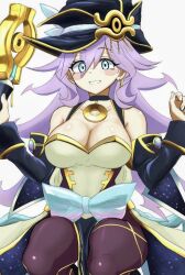 1girl bare_shoulders black_hat black_pantyhose blue_eyes blush_stickers breasts cleavage duel_monster earrings hat jewelry large_breasts long_hair nightmare_apprentice pakupaku_(9fnfniz81owpbzp) pantyhose purple_eyes simple_background solo white_background yu-gi-oh!