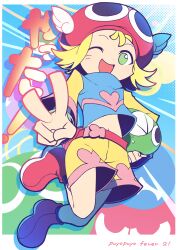 1girl ;d amitie_(puyopuyo) belt blonde_hair blue_background blue_shirt boots border carrying carrying_under_arm creature denchi_kyoryu dot_nose drop_shadow emphasis_lines flat_chest flipped_hair from_below full_body green_eyes happy hat heart heart_print highres holding holding_creature jumping looking_at_viewer midair midriff_peek navel one_eye_closed open_mouth outside_border outstretched_arm pink_belt pink_boots print_shirt puyo_(puyopuyo) puyopuyo puyopuyo_fever_2 red_hat shirt short_hair shorts smile solo v variant_set white_border winged_hat yellow_shorts yellow_sleeves