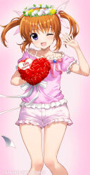 Rule 34 | 1girl, blush, bouquet, brown hair, flower, fujima takuya, head wreath, holding, holding bouquet, looking at viewer, lyrical nanoha, mahou shoujo lyrical nanoha, one eye closed, open mouth, pink background, pink shirt, purple eyes, shirt, short shorts, shorts, simple background, smile, solo, takamachi nanoha, twintails