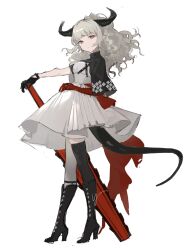 1girl :| absurdres black_capelet black_gloves black_hair black_leggings blunt_bangs boots capelet closed_mouth clothes_around_waist curly_hair floral_print from_side gloves grey_leggings high_heel_boots high_heels highres holding holding_sword holding_weapon horns jacket jacket_around_waist knee_boots leggings lizard_tail looking_at_viewer orange_eyes original ponytail red_jacket sheep_horns simple_background solo sword tail weapon white_background white_hair yoimon