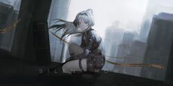 1girl absurdres alva_(girls&#039;_frontline_2) an-94 an-94_(girls&#039;_frontline) assault_rifle blonde_hair blue_eyes chinese_commentary closed_mouth commentary_request expressionless girls&#039;_frontline girls&#039;_frontline_2:_exilium gun hairband highres long_hair long_sleeves looking_at_viewer multiple_girls ponytail rifle shenme_niao_mingzi skyline solo squatting thigh_strap weapon