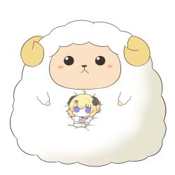1girl ahoge blonde_hair blush_stickers cardigan character_doll chibi chibi_only doll full_body hair_ornament hairclip hololive horns official_alternate_costume purple_eyes sheep_horns simple_background skirt solid_circle_eyes solo tsunomaki_watame tsunomaki_watame_(street_casual) twumi virtual_youtuber white_background white_cardigan white_skirt