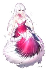 1girl animal_ears artist_name bare_shoulders blunt_bangs breasts cleavage cleavage_cutout clothing_cutout collarbone dress fishtail_dress from_above full_body halterneck highres leria_v long_dress long_hair original red_eyes simple_background sleeveless sleeveless_dress solo water_drop white_background white_hair