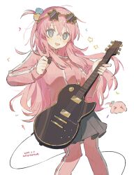&gt;_&lt; 1girl ahoge black_skirt blue_eyes bocchi_the_rock! cable confetti crossed_bangs cube_hair_ornament dated electric_guitar eyelashes eyewear_on_head eyue feet_out_of_frame gotoh_hitori gotoh_hitori_(octopus) guitar hair_between_eyes hair_ornament happy heart highres holding holding_guitar holding_instrument holding_plectrum instrument jacket light_blush long_hair long_sleeves miniskirt music nervous nervous_smile one_side_up open_mouth pants pants_under_skirt pink_hair pink_jacket pink_pants playing_guitar playing_instrument pleated_skirt plectrum sidelocks signature simple_background skirt smile solo star-shaped_eyewear star_(symbol) sunglasses sweatpants track_jacket turtleneck turtleneck_jacket very_long_hair white_background zipper