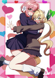2girls :3 @_@ absurdres ass_peek blazer blonde_hair blush breasts brown_cardigan cardigan flower full_body green_eyes green_ribbon hair_flower hair_intakes hair_ornament hair_ribbon hanazono_hakari hand_on_another&#039;s_head highres hug inda_karane jacket kimi_no_koto_ga_dai_dai_dai_dai_daisuki_na_100-nin_no_kanojo kneeling large_breasts loafers long_hair loose_socks miniskirt multiple_girls ohananomitsu_high_school_uniform open_mouth pink_hair pleated_skirt purple_jacket purple_skirt ribbon school_uniform shoes short_hair sitting sitting_on_lap sitting_on_person skirt socks thighs twintails white_socks winter_uniform yamada_otonari yellow_eyes yuri