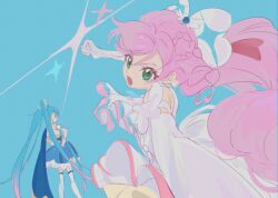 Rule 34 | 2girls, absurdres, arm bow, armlet, ascot, blue background, blue bow, blue cape, blue corset, blue hair, blue skirt, bow, braid, cape, clenched hand, closed mouth, corset, cowboy shot, cure prism, cure sky, detached sleeves, diamond print, dress, earrings, elbow gloves, eyelashes, feet out of frame, floating earrings, floating hair, frilled skirt, frilled thighhighs, frills, from behind, gloves, gradient hair, green eyes, hair between eyes, hair bow, hair ornament, half up half down braid, hands on own hips, happy, heart, heart-shaped hair, highres, hirogaru sky! precure, incoming attack, incoming punch, jewelry, large bow, long hair, looking at another, looking back, magical girl, miniskirt, multicolored hair, multiple girls, nijigaoka mashiro, open mouth, pink hair, pleated skirt, precure, puffy short sleeves, puffy sleeves, punching, shipu (gassyumaron), shirt, short dress, short sleeves, side braids, side cape, simple background, skirt, sleeveless, sleeveless shirt, smile, sora harewataru, sparkle, sphere earrings, streaked hair, striped clothes, striped skirt, stud earrings, swept bangs, tareme, thighhighs, twintails, two-tone hair, v-shaped eyebrows, vertical-striped clothes, vertical-striped skirt, very long hair, white ascot, white bow, white dress, white gloves, white shirt, white sleeves, white thighhighs, white wrist cuffs, wing hair ornament, wrist cuffs, yellow skirt
