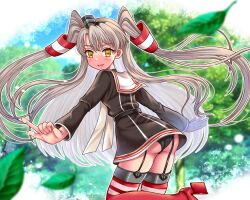 Rule 34 | 1girl, amatsukaze (kancolle), amatsukaze kai ni (kancolle), ass, black dress, black panties, blurry, commentary request, depth of field, dress, from behind, garter straps, gloves, grey hair, hair tubes, index finger raised, izumi shara, kantai collection, leaf, long hair, looking at viewer, neckerchief, panties, red thighhighs, sailor collar, sailor dress, short dress, single glove, smokestack hair ornament, striped clothes, striped thighhighs, thighhighs, two side up, underwear, white gloves, white neckerchief, white sailor collar, yellow eyes