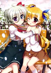 10s 2girls blonde_hair blush einhard_stratos fujima_takuya green_hair hair_ornament heterochromia highres hug long_hair looking_at_viewer lyrical_nanoha mahou_shoujo_lyrical_nanoha mahou_shoujo_lyrical_nanoha_vivid multiple_girls official_art one_eye_closed open_mouth scarf snow vivio yuri