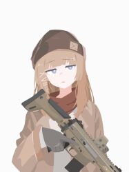 1girl absurdres beanie blue_eyes brown_hair brown_hat brown_jacket frown girls&#039;_frontline grey_background gun hat highres holding holding_gun holding_weapon jacket long_hair looking_at_viewer no_lineart open_clothes open_jacket parted_lips rifle scar-l_(girls&#039;_frontline) shell_81mm shirt simple_background solo upper_body weapon white_shirt
